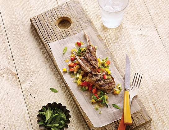 Grilled lamb chops with peach mint salsa
