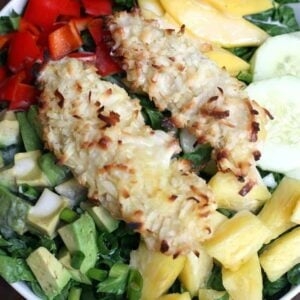 Coconut chicken tropical salad with creamy pineapple vinaigrette