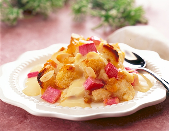 Rhubarb and apricot bread pudding