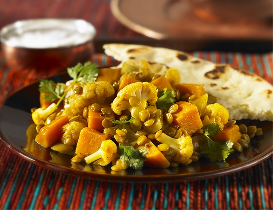 Curried lentils, sweet potato and cauliflower
