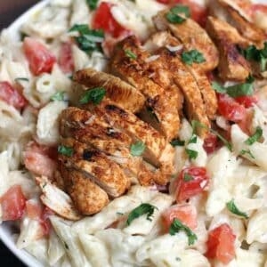 Chili lime chicken with creamy garlic penne pasta