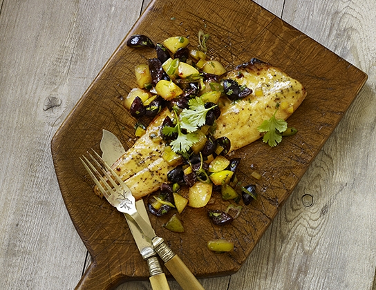 Trout with plum and cherry salsa