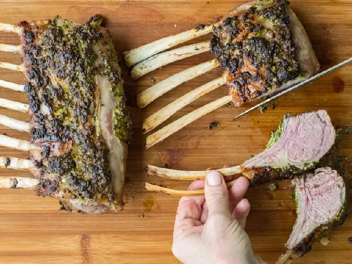 Rack of lamb with herb crust and mint-basil pesto recipe