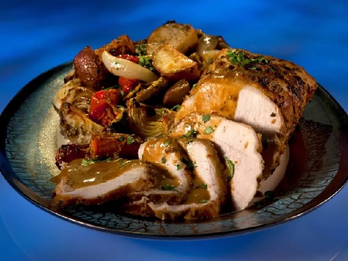Jkl pesto pork and veggie roast recipe