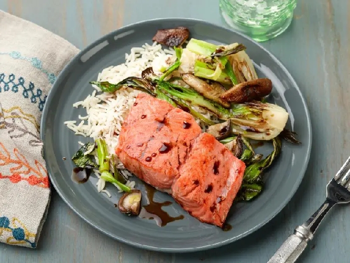 30-minute pan-seared salmon with baby bok choy and shiitake mushrooms recipe