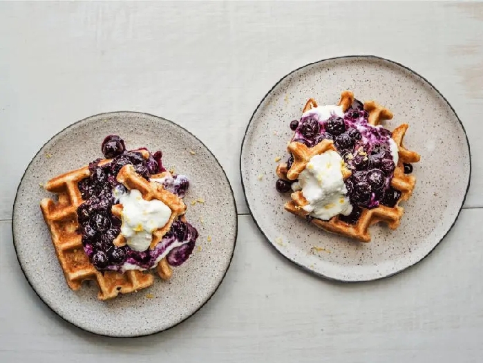 Waffles with blueberry compote and lemon ricotta cream recipe