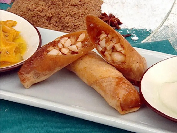 Macadamia nut spring roll with brown sugar ice cream and carambola pickles recipe