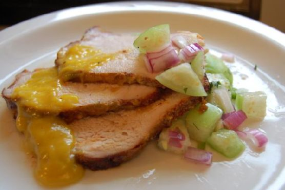 Pork Tenderloin With Mango-Kiwi Glaze Served With Tomatillo Salsa