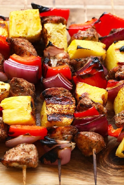 Grilled pineapple and jerk chicken kebabs
