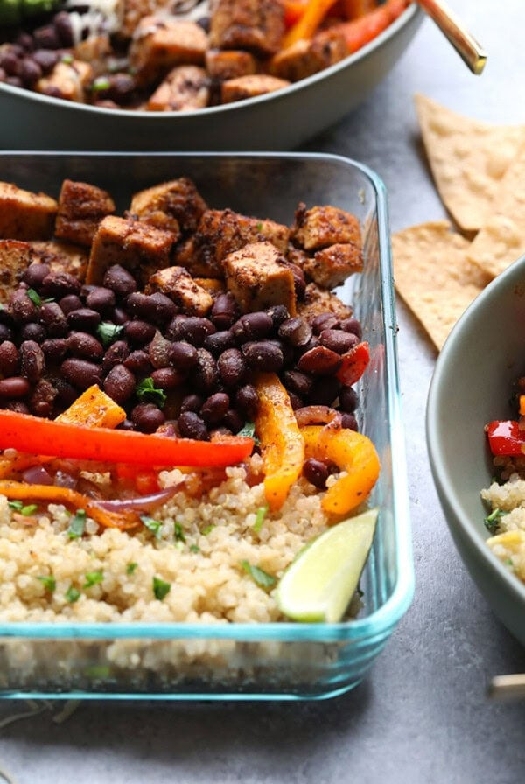 Sheet pan tofu quinoa burrito bowls