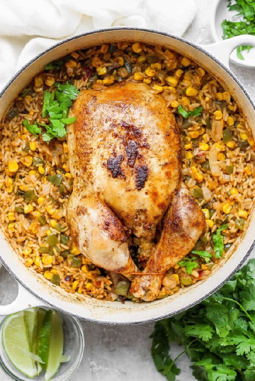 One-pot whole roasted chicken with spanish rice and veggies