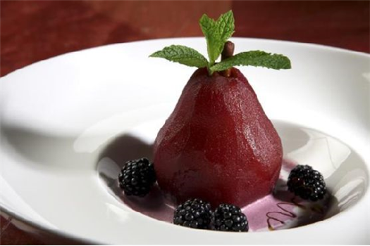 Poached Pears With Blackberry Honey Crème Fraiche