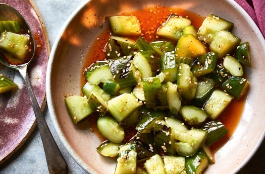 Charred smashed cucumber salad