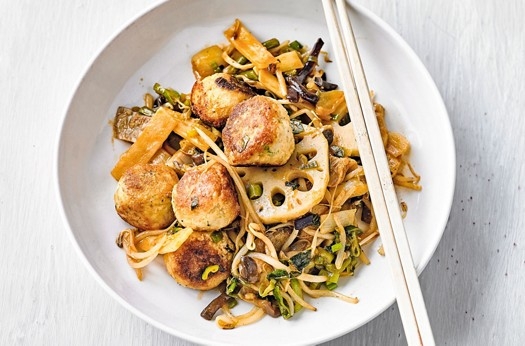 Tofu balls with spicy asian stir-fry