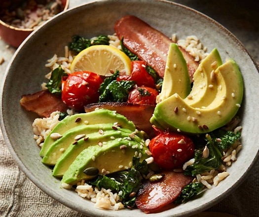 Seeded avocado & meat-free bacon rice bowl