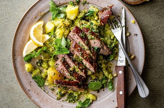 Grilled lamb leg steaks with crushed pesto potatoes & watercress