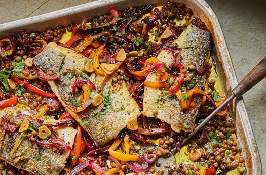 Peperonata & sea bass traybake with puy lentils