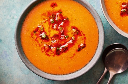Chilled tomato soup with rose harissa