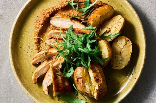 Chicken & baked potatoes with chargrilled tomato and chilli