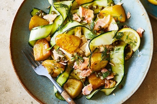Salmon, potato & courgette salad with lemon, dill and capers