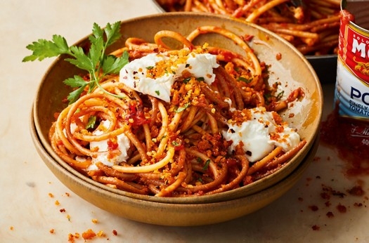 Bucatini all’assassina, with burrata & ’nduja crumb