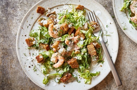 Skagen-style salad with lemon & dill dressing and rye croutons