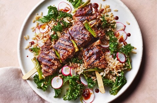 Teriyaki beef skewers with sesame rice salad