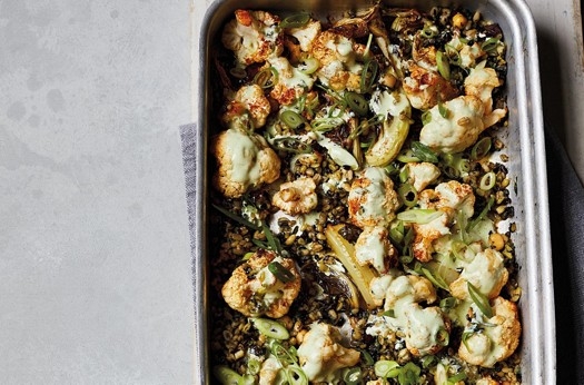 Spiced cauliflower & freekeh bake with tahini dressing
