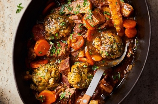 Beef & vegetable hotpot with horseradish dumplings