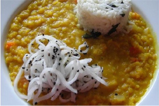 Split Red Lentils With Basmati Rice and Daikon Relish