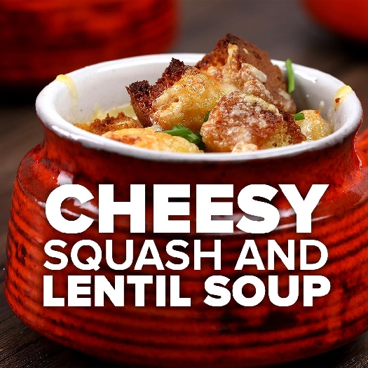 Cheesy squash & lentil soup