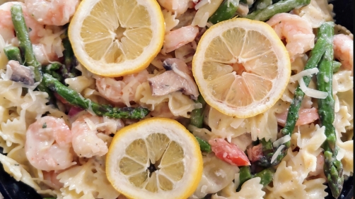 Asiago lemon tomato pasta with shrimp