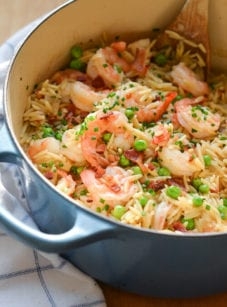 Orzo risotto with shrimp, peas & bacon