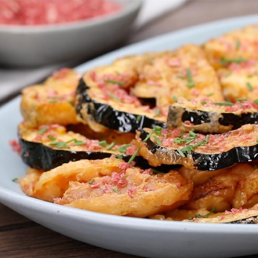 Beer-battered squash with ketchup chip salt and spiced maple syrup