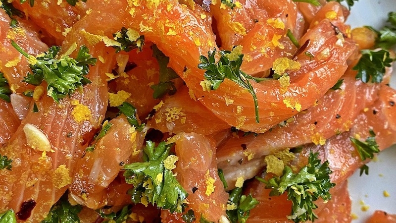 Salmon "spaghetti" agilo e olio