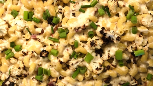 Cauliflower bacon mac and cheese