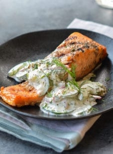 Grilled salmon with creamy cucumber-dill salad