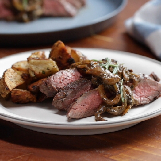 Flank steak with mustardy onions and rosemary