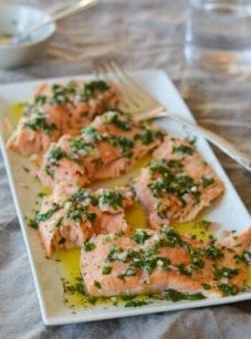 Slow-roasted salmon with french herb salsa