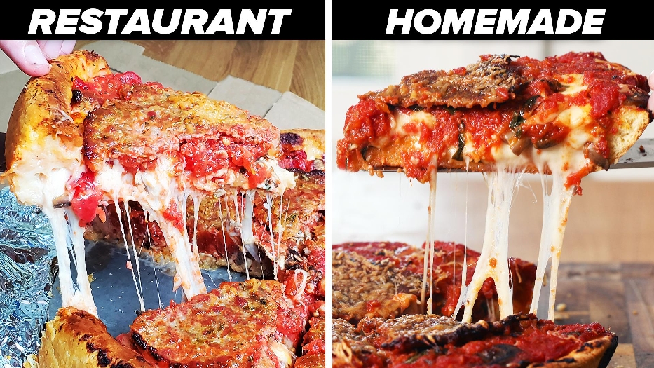 Deep dish pizza with sausage and mushrooms