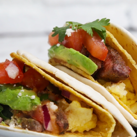 Double-decker steak breakfast tacos