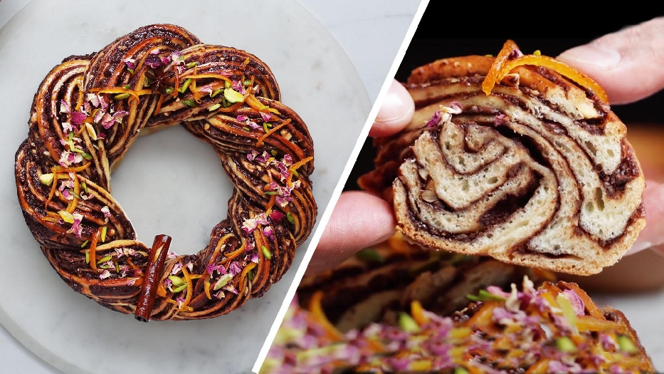 Show-stopping chocolate babka wreath by chef shimi