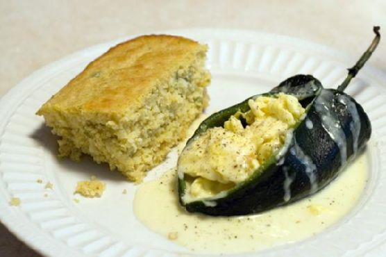 Scrambled Egg-Stuffed Poblano Chiles With Spicy Cheese Sauce