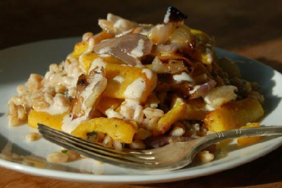 Roasted Delicata Squash With Farro, Roasted Red Onions, Goat Cheese & Arugula