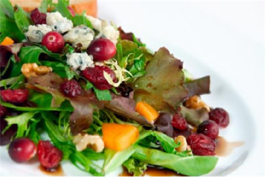 Green Salad with Pomegranate Vinaigrette and Goat Cheese Garnish