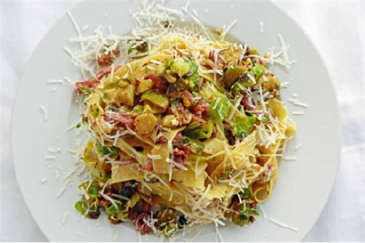 Brussels Sprout Carbonara with Fettuccini