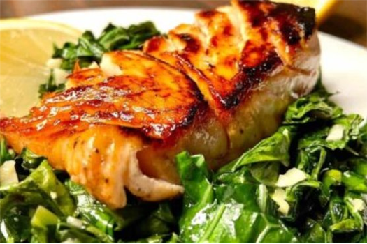 Pan-Seared Honey Glazed Salmon with Collard Greens