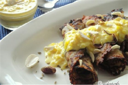 SAFFRON INFUSED RICE PUDDING WITH SWEETENED WHOLE WHEAT PANCAKES