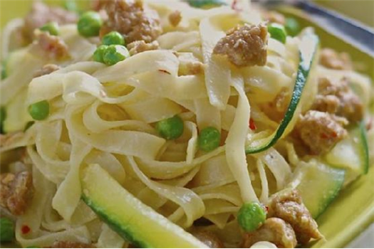 Tagliatelle With Spicy Sausage, Courgette, and Petit Pois