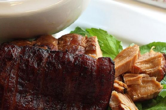 Slow Cooker Pork Loin With Thyme Apple Sauce and Mint Leaf